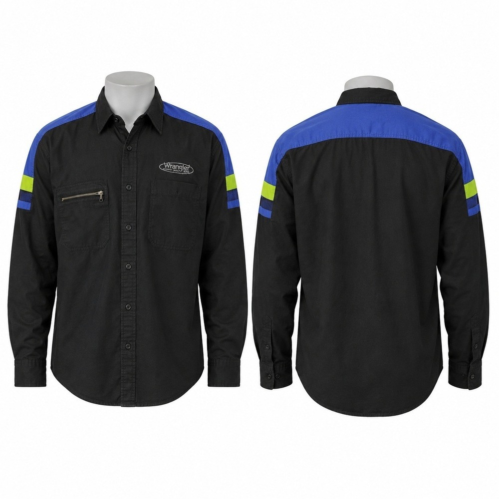 Wrangler Sport Shirt Mens L Black Blue Colorblock Racing Pit Crew Vintage